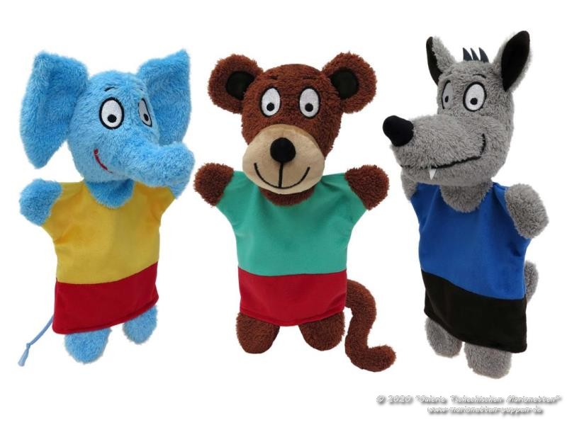 Eda der Elefant und Pepa der Affe und Grauer Wolf Plüschtier Handpuppen